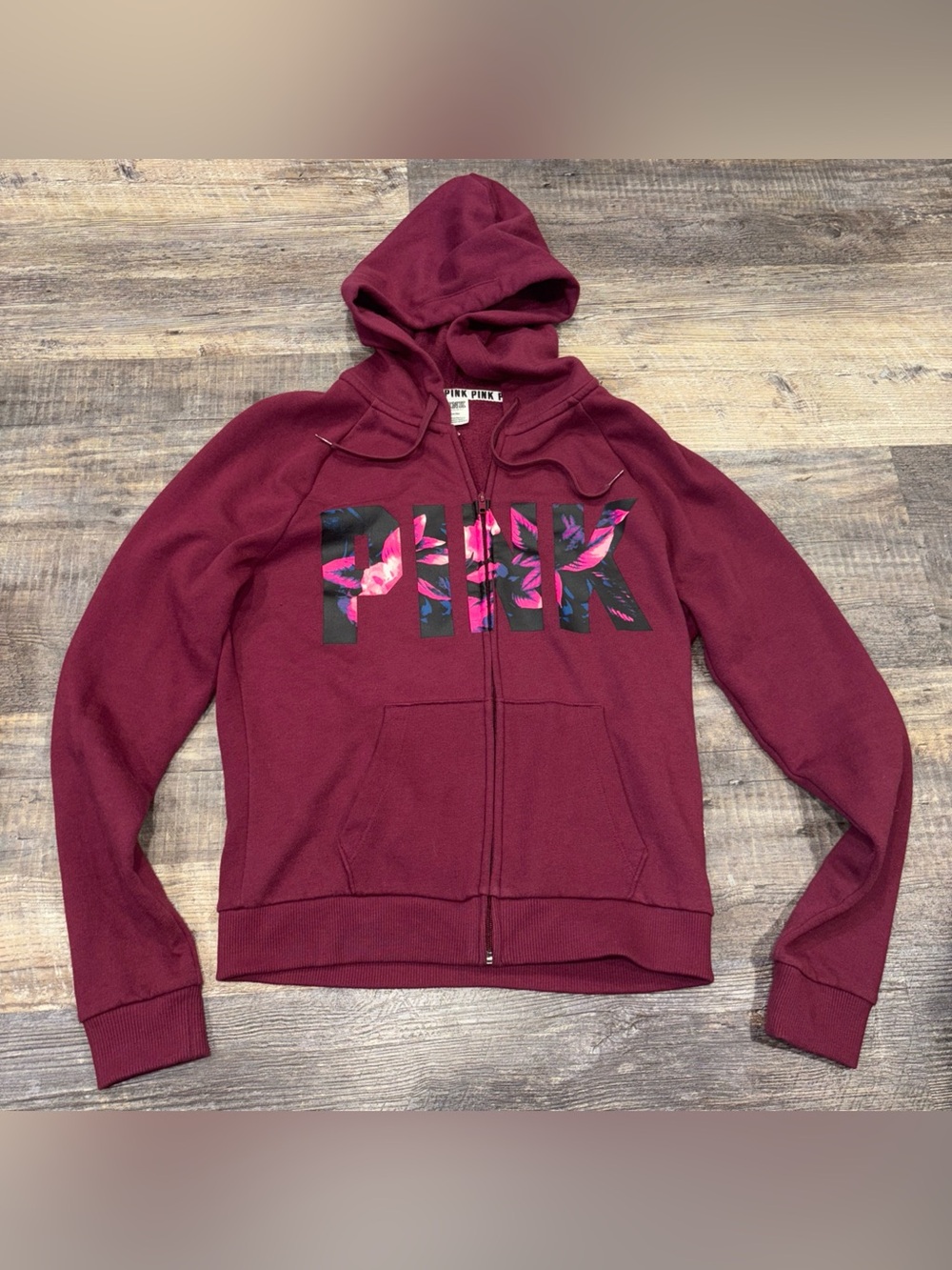Victoria's Secret PINK full-zip hoodie Size Medium Burgundy Floral Logo